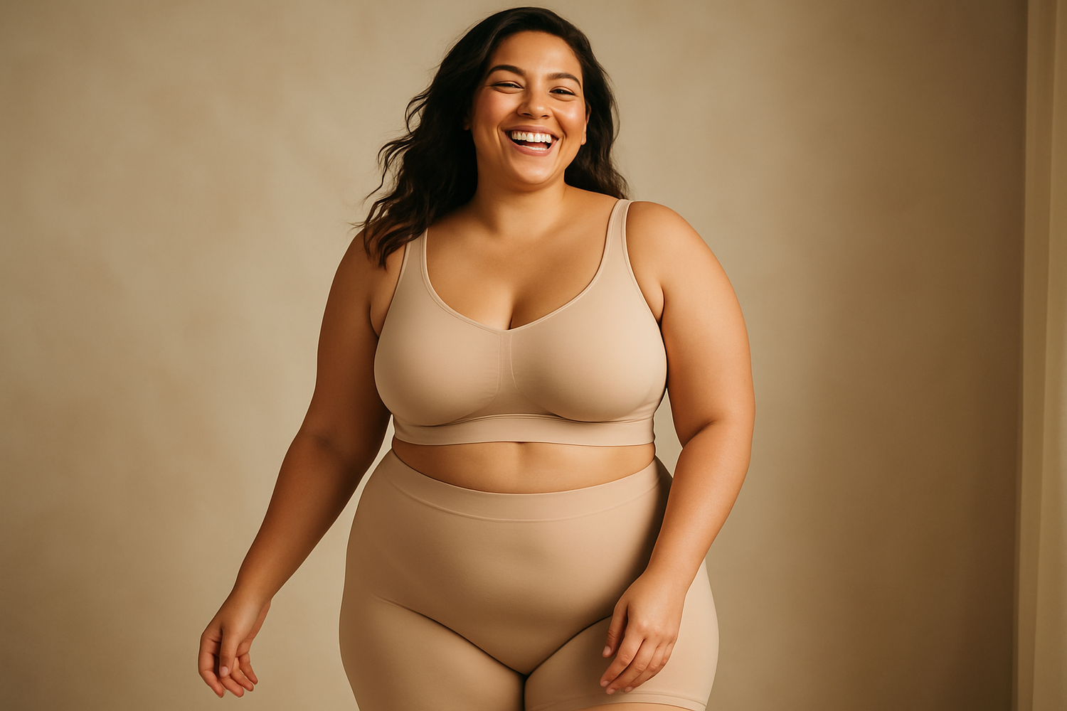Happy woman, secure and using a shapewear